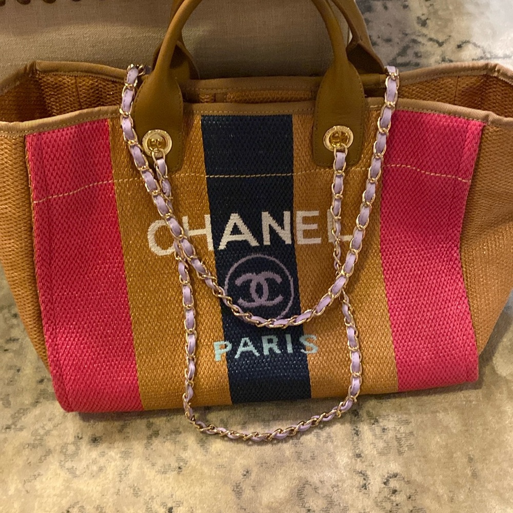 CC tote. pink, blue, purple striping